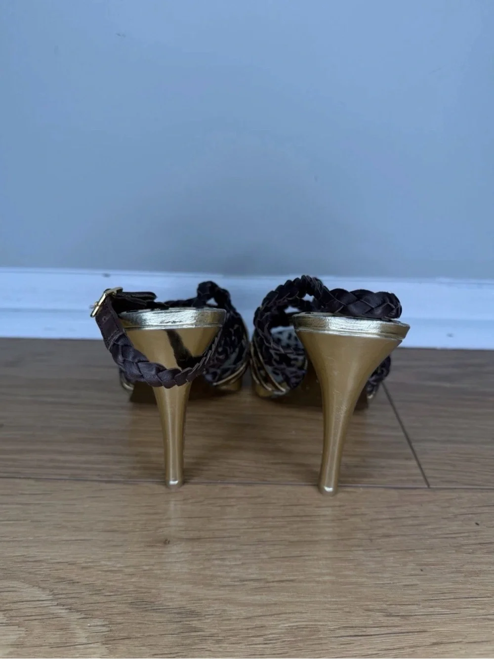 ROBERTO CAVALLI Braided Leather Brown & Gold Platform Shoes EU 37